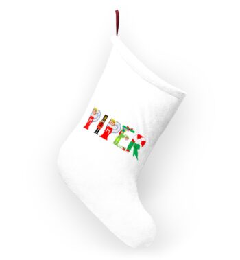 White stocking with text ‘Piper’ in colourful Christmas themed lettering, with red hanging loop