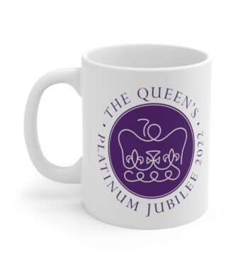 White 11 ounce mug, featuring the logo of Her Majesty’s Platinum Jubilee