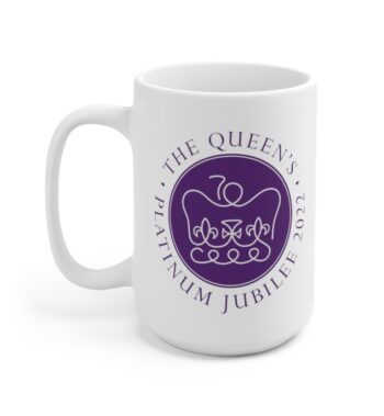 White 15 ounce mug, featuring the logo of Her Majesty’s Platinum Jubilee