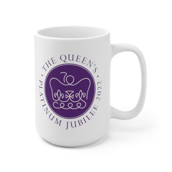 White 15 ounce mug, featuring the logo of Her Majesty’s Platinum Jubilee