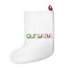 White stocking with text ‘Quesada’ in colourful Christmas themed lettering, with red hanging loop