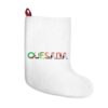 White stocking with text ‘Quesada’ in colourful Christmas themed lettering, with red hanging loop