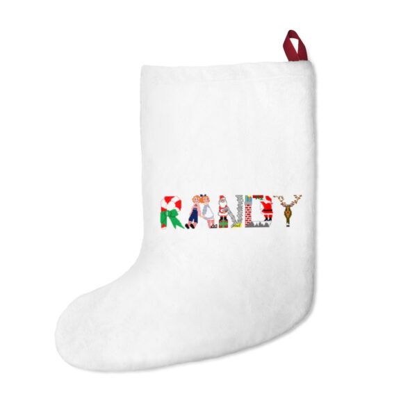 White stocking with text ‘Randy’ in colourful Christmas themed lettering, with red hanging loop