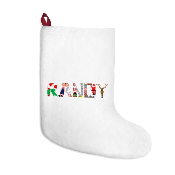 White stocking with text ‘Randy’ in colourful Christmas themed lettering, with red hanging loop