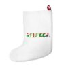 White stocking with text ‘Rebecca’ in colourful Christmas themed lettering, with red hanging loop