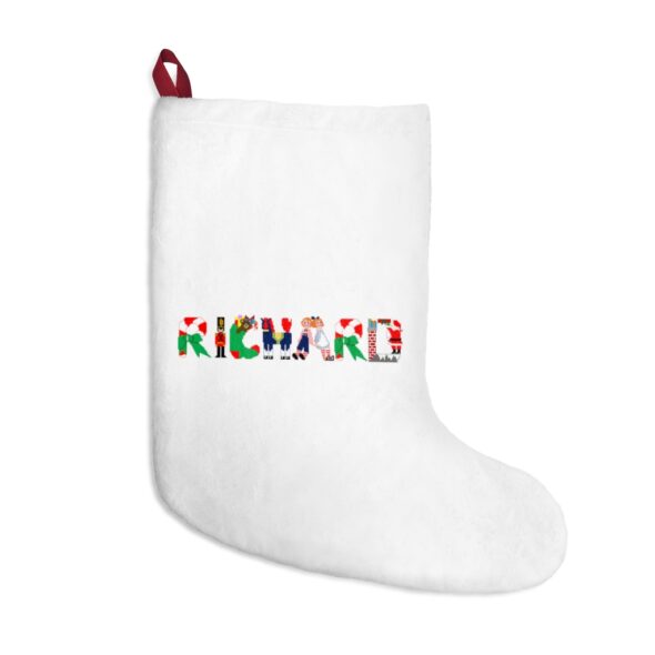 White stocking with text ‘Richard’ in colourful Christmas themed lettering, with red hanging loop