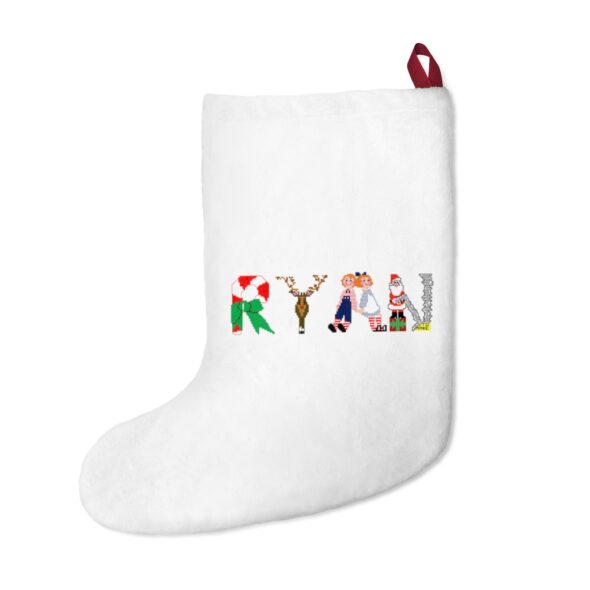 White stocking with text ‘Ryan’ in colourful Christmas themed lettering, with red hanging loop