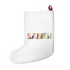 White stocking with text ‘Sabien’ in colourful Christmas themed lettering, with red hanging loop