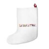 White stocking with text ‘Samantha’ in colourful Christmas themed lettering, with red hanging loop