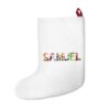 White stocking with text ‘Samuel’ in colourful Christmas themed lettering, with red hanging loop