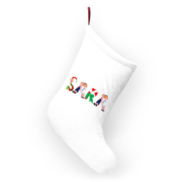 White stocking with text ‘Sara’ in colourful Christmas themed lettering, with red hanging loop