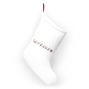 White stocking with text ‘Savannah’ in colourful Christmas themed lettering, with red hanging loop