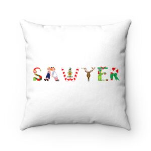 White faux suede cushion with text ‘Sawyer’ in colourful Christmas themed lettering