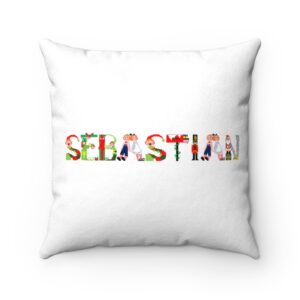 White faux suede cushion with text ‘Sebastian’ in colourful Christmas themed lettering