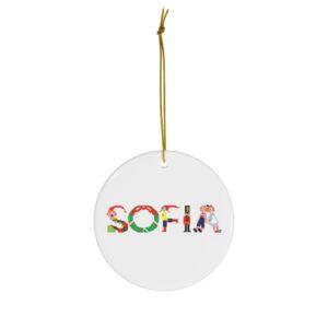 White ceramic ornament with text ‘Sofia’ in colourful Christmas themed lettering, with gold hanging loop