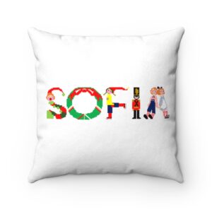 White faux suede cushion with text ‘Sofia’ in colourful Christmas themed lettering