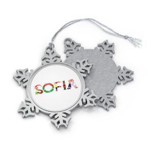 Silver-toned snowflake ornament with white insert with text ‘Sofia’ in colourful Christmas themed lettering, with silver hanging loop