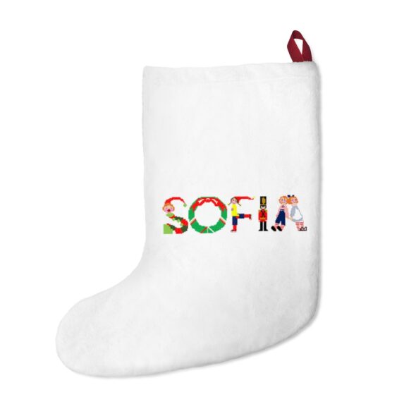 White stocking with text ‘Sofia’ in colourful Christmas themed lettering, with red hanging loop