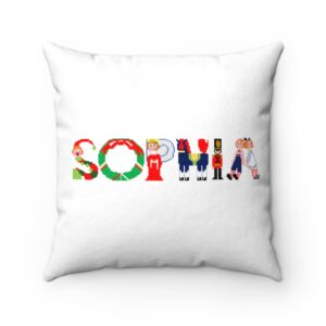White faux suede cushion with text ‘Sophia’ in colourful Christmas themed lettering