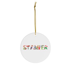 White ceramic ornament with text ‘Stamper’ in colourful Christmas themed lettering, with gold hanging loop