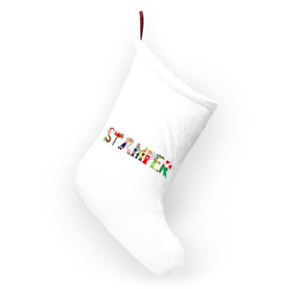 White stocking with text ‘Stamper’ in colourful Christmas themed lettering, with red hanging loop