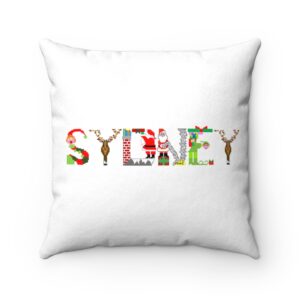 White faux suede cushion with text ‘Sydney’ in colourful Christmas themed lettering