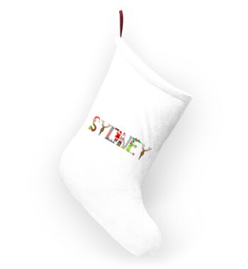 White stocking with text ‘Sydney’ in colourful Christmas themed lettering, with red hanging loop