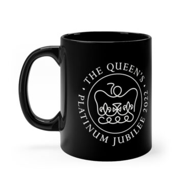 Black 11 ounce mug, featuring the single color logo of Her Majesty’s Platinum Jubilee