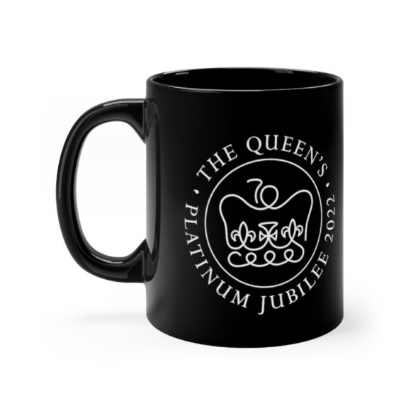 Black 11 ounce mug, featuring the single color logo of Her Majesty’s Platinum Jubilee