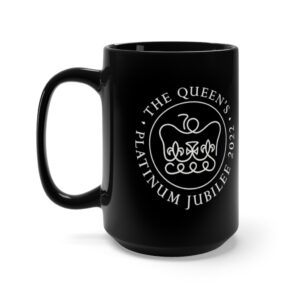 Black 15 ounce mug, featuring the single color logo of Her Majesty’s Platinum Jubilee