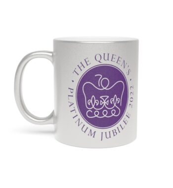 Metallic Silver 11 ounce mug, featuring the logo of Her Majesty’s Platinum Jubilee