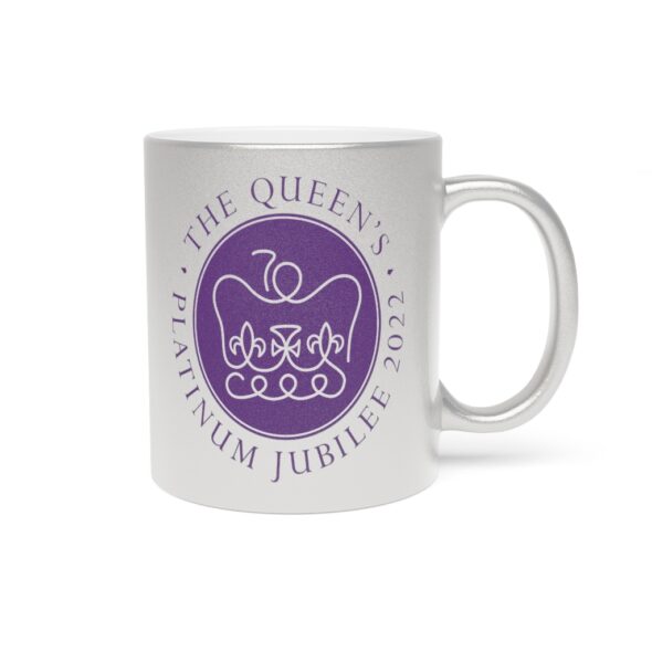 Metallic Silver 11 ounce mug, featuring the logo of Her Majesty’s Platinum Jubilee