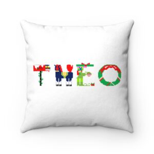 White faux suede cushion with text ‘Theo’ in colourful Christmas themed lettering