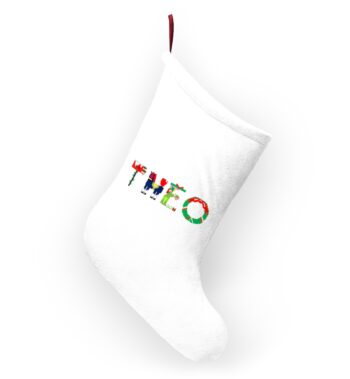 White stocking with text ‘Theo’ in colourful Christmas themed lettering, with red hanging loop