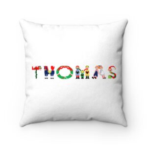 White faux suede cushion with text ‘Thomas’ in colourful Christmas themed lettering