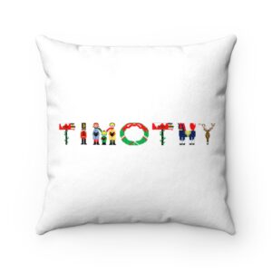 White faux suede cushion with text ‘Timothy’ in colourful Christmas themed lettering