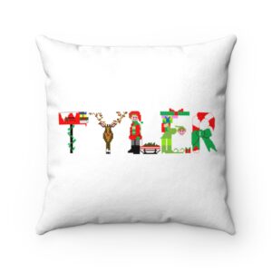 White faux suede cushion with text ‘Tyler’ in colourful Christmas themed lettering