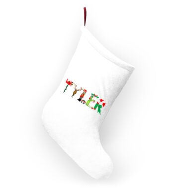 White stocking with text ‘Tyler’ in colourful Christmas themed lettering, with red hanging loop