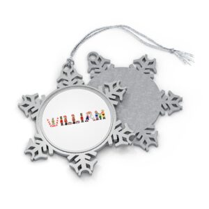 Silver-toned snowflake ornament with white insert with text ‘William’ in colourful Christmas themed lettering, with silver hanging loop