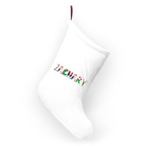 White stocking with text ‘Zachary’ in colourful Christmas themed lettering, with red hanging loop