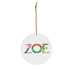 White ceramic ornament with text ‘Zoe’ in colourful Christmas themed lettering, with gold hanging loop
