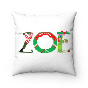 White faux suede cushion with text ‘Zoe’ in colourful Christmas themed lettering