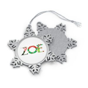 Silver-toned snowflake ornament with white insert with text ‘Zoe’ in colourful Christmas themed lettering, with silver hanging loop