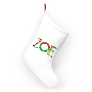 White stocking with text ‘Zoe’ in colourful Christmas themed lettering, with red hanging loop