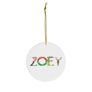 White ceramic ornament with text ‘Zoey’ in colourful Christmas themed lettering, with gold hanging loop