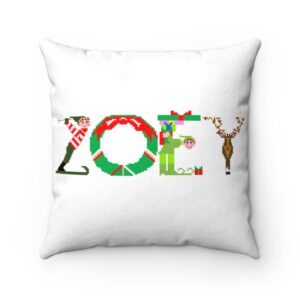 White faux suede cushion with text ‘Zoey’ in colourful Christmas themed lettering