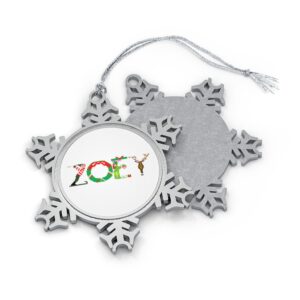Silver-toned snowflake ornament with white insert with text ‘Zoey’ in colourful Christmas themed lettering, with silver hanging loop