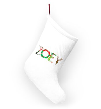 White stocking with text ‘Zoey’ in colourful Christmas themed lettering, with red hanging loop