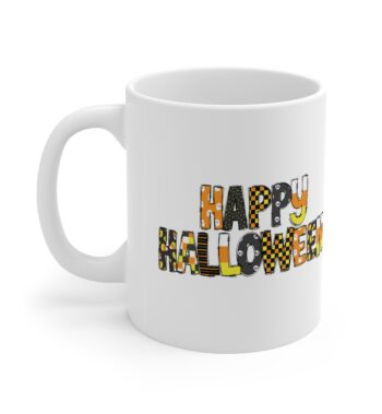 White 11 ounce mug that features the words 'Happy Halloween' in a seasonally colorful pattern