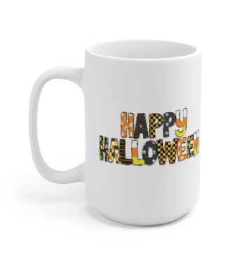 White 15 ounce mug that features the words 'Happy Halloween' in a seasonally colorful pattern